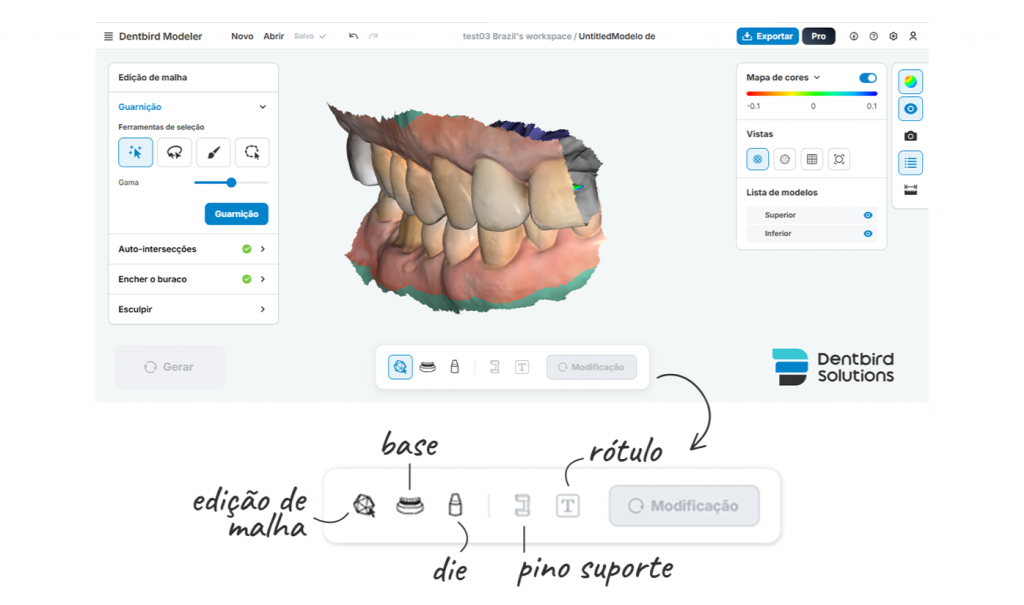 Imagem mostrando ferramentas de edição e ajustes disponível no Dentbird usando inteligencia artificial